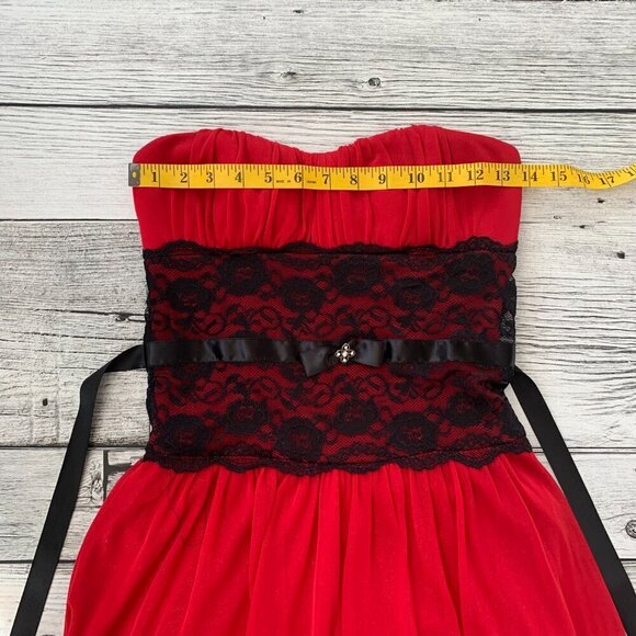 Vintage Y2K Red Sheer Black Lace Corset Strapless Babydoll Dress - Picture 14 of 16